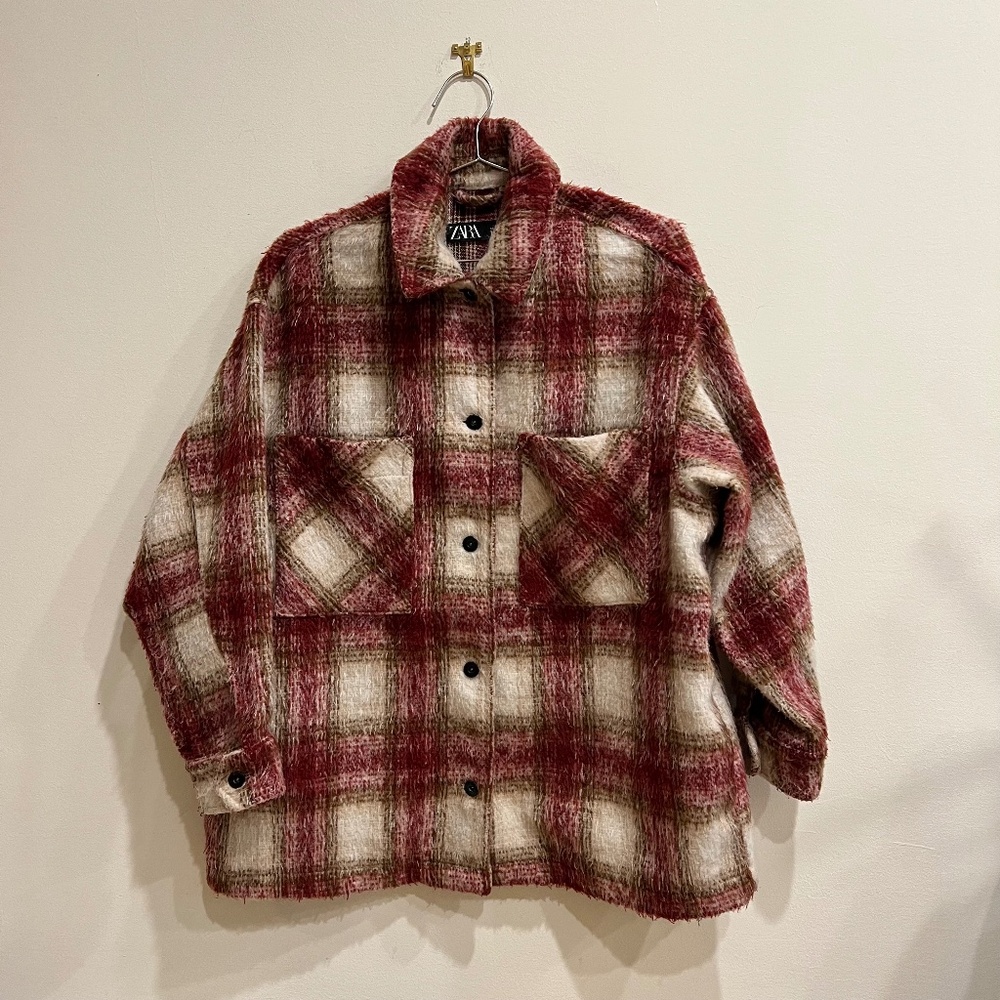 Zara Men’s Rust Plaid Fringed Shacket Medium